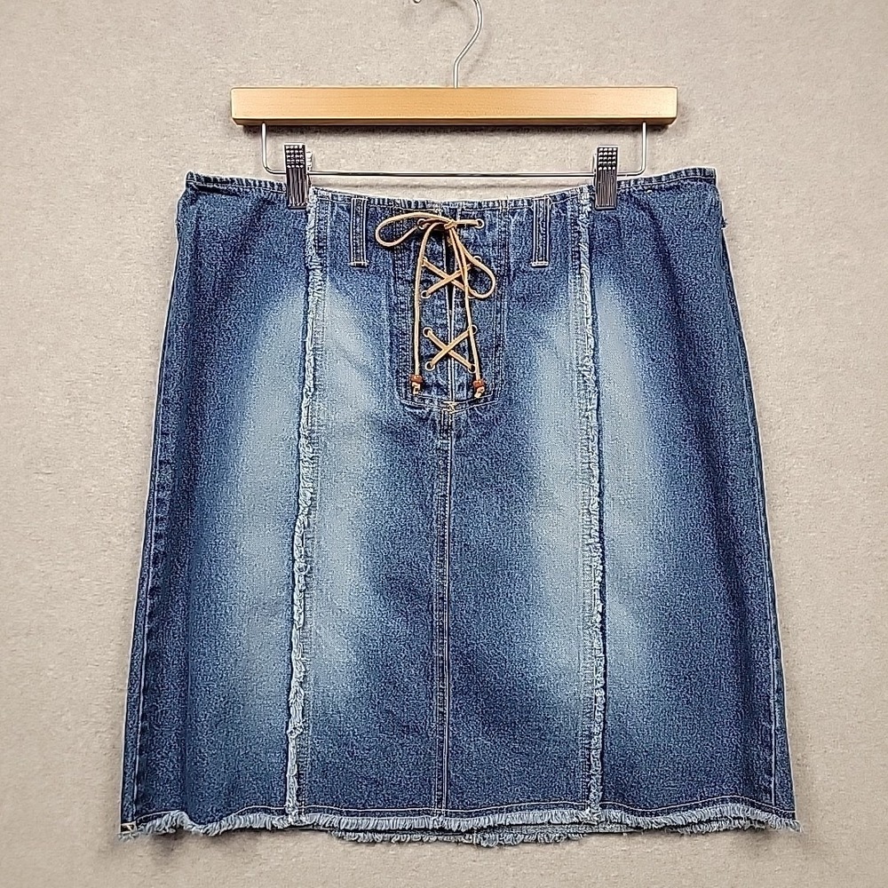 Vintage FADED GLORY Lace-Up Fly Blue Denim Skirt Sz 14 Fray Trim Boho Western